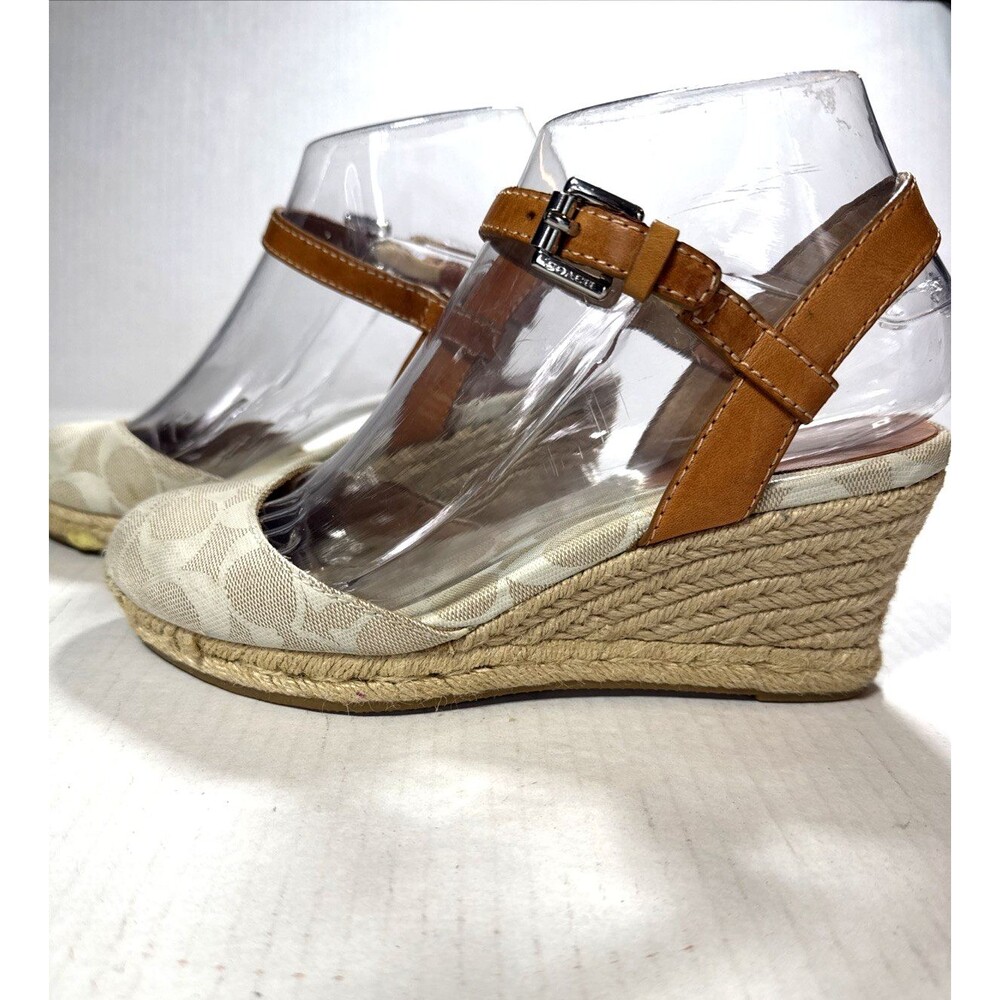 Coach Valerie Sz 5.5 Wedge Espadrilles Logo Tan/Beige Leather Ankle Strap